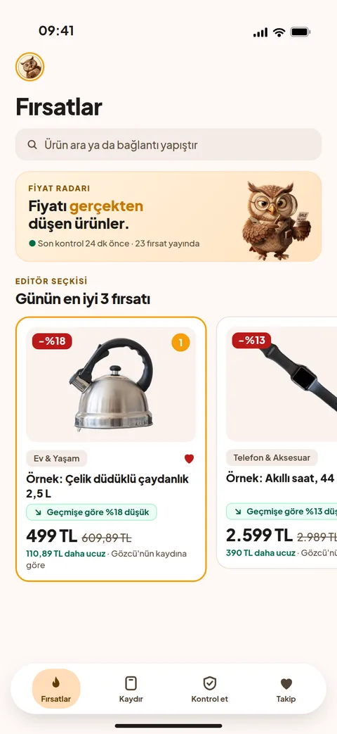 Uygulamada Fırsatlar ekranı